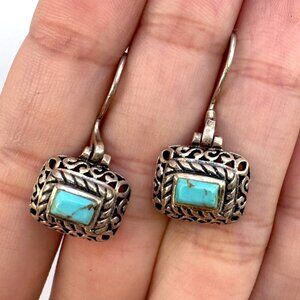 VTG Sterling Silver 925 Turquoise Rope Scroll Design Dangle Earrings Size 1.25"